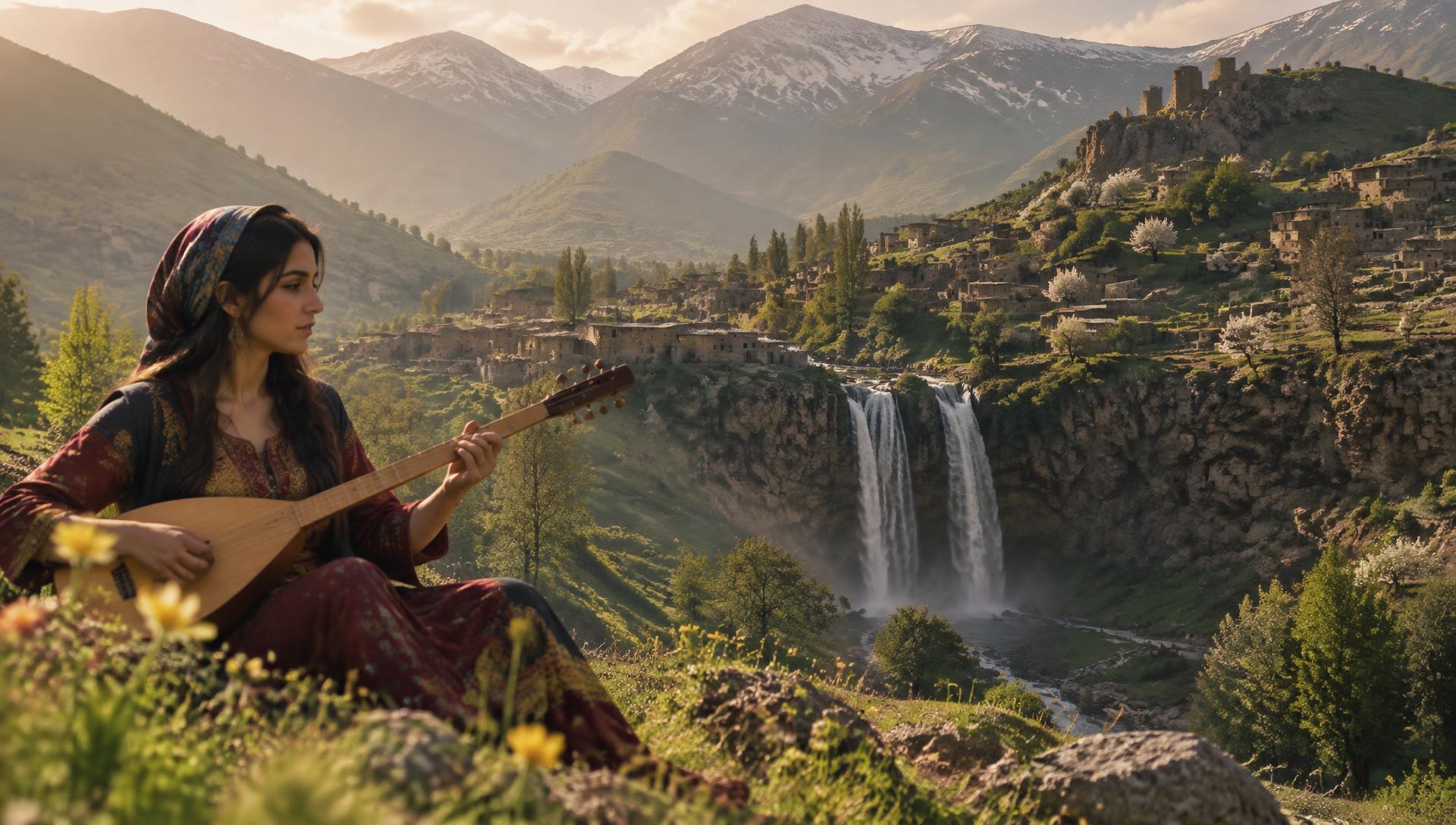 Kurdish mountain village with a waterfall and a musician playing the tembûr